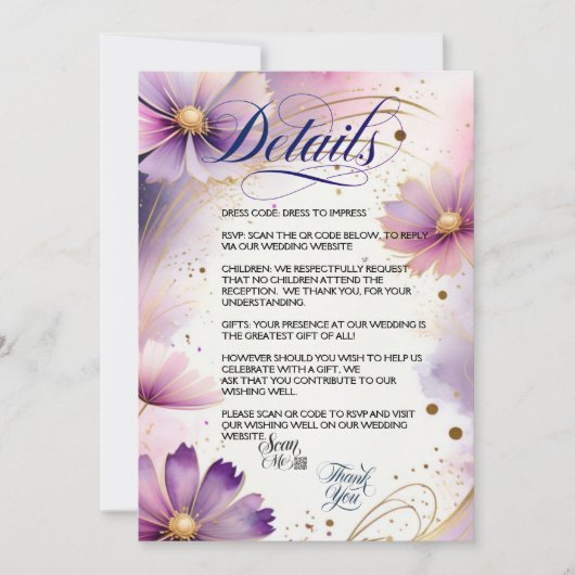 ラベンダーコスモス花QRコード詳細カード 招待状 (正面)