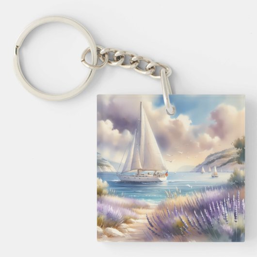 ラベンダーコーストシルボートウォーターカラーシーン キーホルダー (正面)