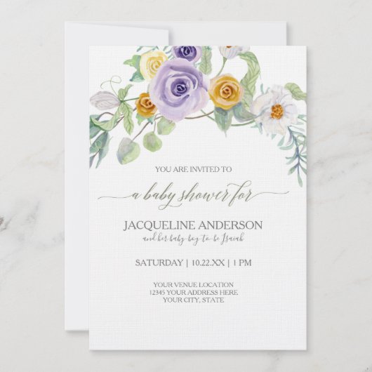 ラベンダーゴールデンアンバーバラフローラベビーシャワーガール 招待状 (正面)