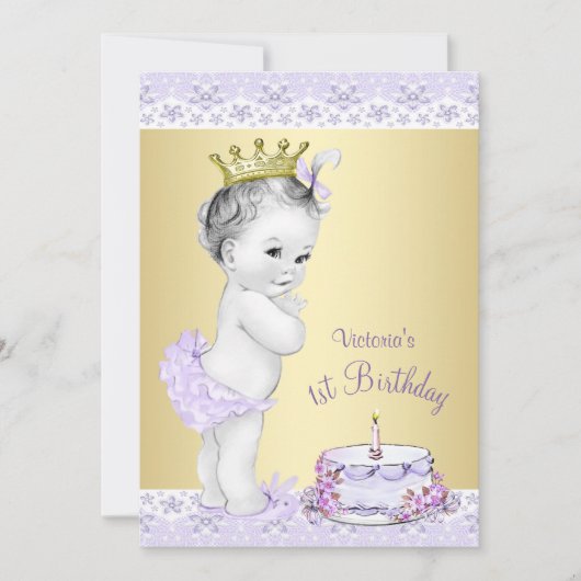 ラベンダーゴールドの女の子1歳の誕生日招待状 招待状 (正面)