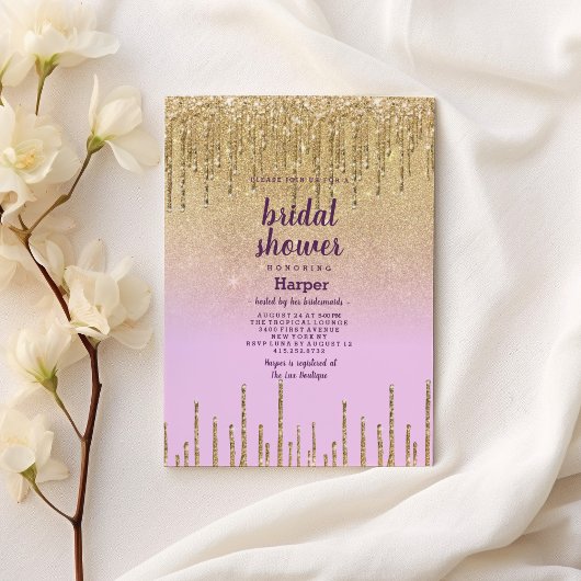 ラベンダーゴールドグリッターオンブレドリップ ブライダルシャワー 招待状