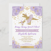 ラベンダーゴールドフラワーディノガールベビーシャワー 招待状 (正面)