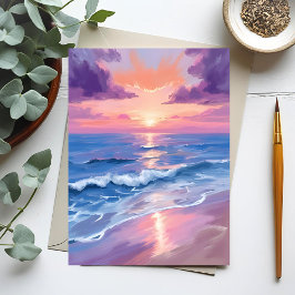 ラベンダーサンセットパープルビーチオーシャン水彩画 ポストカード