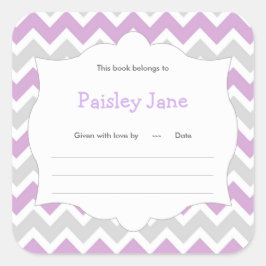 ラベンダーシェブロン本ベビーシャワー蔵書票ラベル スクエアシール