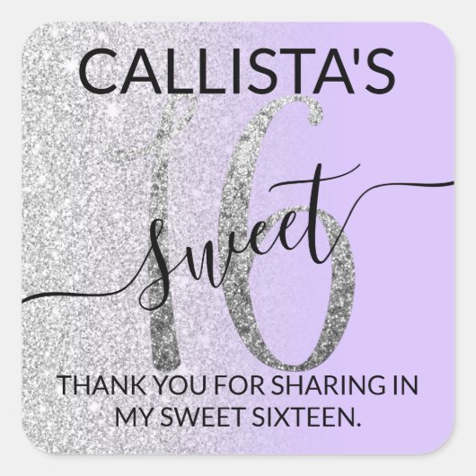 ラベンダーシルバーグリッターグラデーションスウィート16お気に入り スクエアシール (正面)