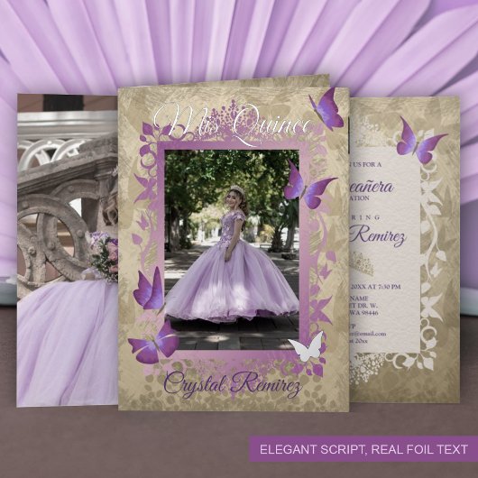 ラベンダーシルバーヴィンテージ蝶キンセアニェラ 箔グリーティングカード