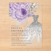 ラベンダーシルバー結婚フローラズドレスブライダルシャワー アクリル招待状 (正面)