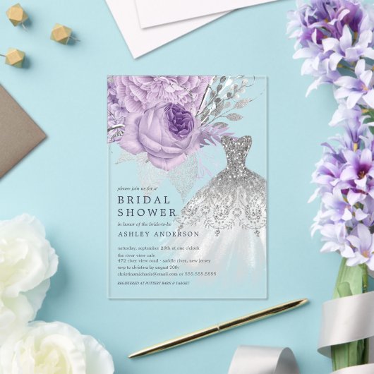 ラベンダーシルバー結婚フローラズドレスブライダルシャワー アクリル招待状 (インサイチュ (ウェディング))