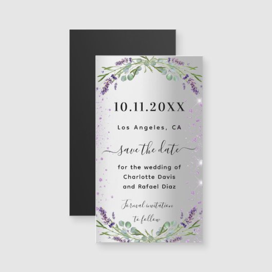 ラベンダーシルバー結婚式Dateマグネットを保存 (正面/裏面)