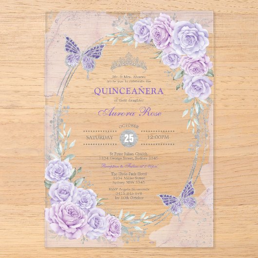 ラベンダーシルバー キンセアネーラ Mis Quince 15 Anos アクリル招待状 (正面)