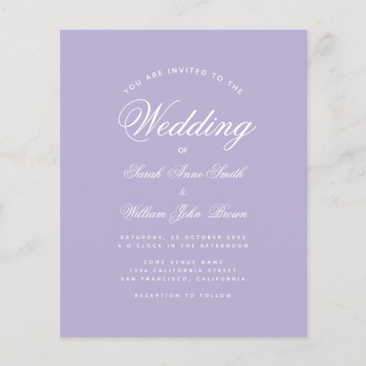 ラベンダーシンプル結婚式招待状バジェットパープル (正面)
