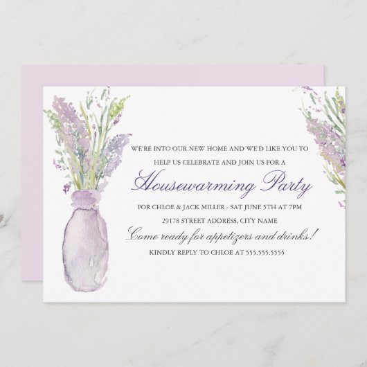 ラベンダージャー引っ越し祝いパーティーパーティの招待状 招待状 (正面/裏面)