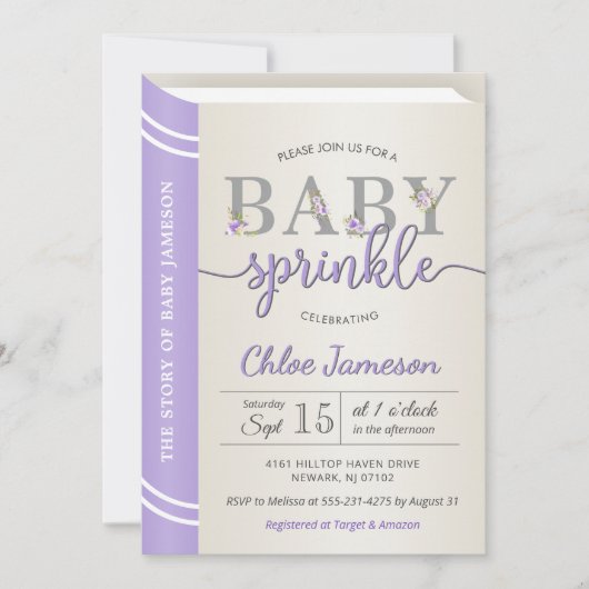 ラベンダーストーリーブックライブラリベビーガール振りかける 招待状 (正面)