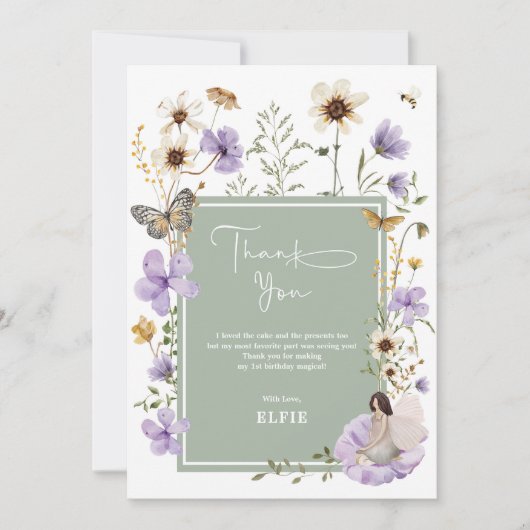 ラベンダーセージグリーンワイルドフラワーフェアリー誕生日 サンキューカード (正面)