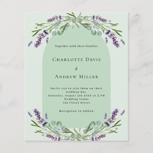 ラベンダーセージ緑のアーチバジェット結婚式招待状 (正面)
