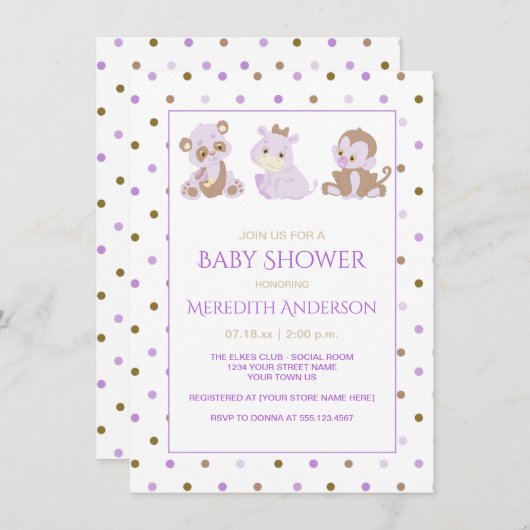 ラベンダータンパープル水玉模様ベビーシャワー 招待状 (正面/裏面)
