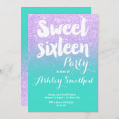 ラベンダーターコイズグリッタータイポグラフィスウィート16 招待状 (正面/裏面)