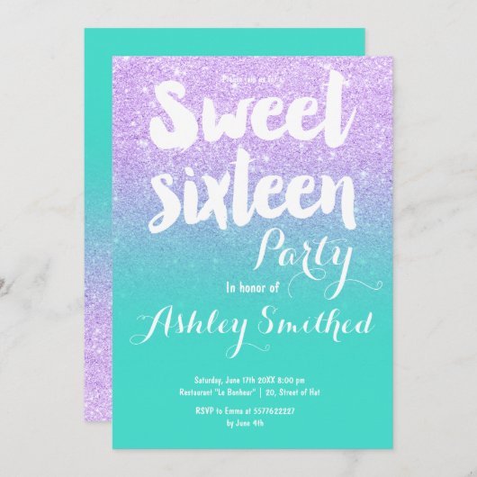 ラベンダーターコイズグリッタータイポグラフィスウィート16 招待状 (正面/裏面)