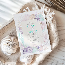 ラベンダーターコイズ結婚海の熱帯ビーチ 招待状