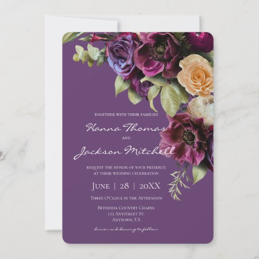 ラベンダーダークムーディエレガントフローラ結婚ズ 招待状 (正面)