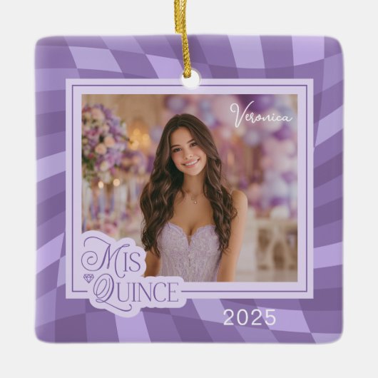 ラベンダーチェッカーボードフォトキンセアニェラキープサケ セラミックオーナメント (正面)