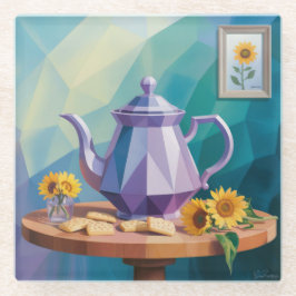ラベンダーティーポットキュービストアートガラスコースター ガラスコースター