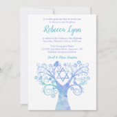 ラベンダーティール（緑がかった色）ウォーターカラーツリーオブライフバルミツワー 招待状 (正面)