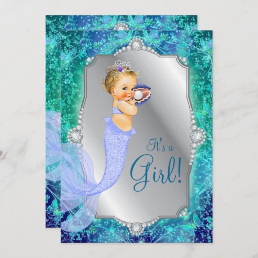 ラベンダーティール（緑がかった色）ザシーマーメイドベビーシャワー 招待状 (正面/裏面)