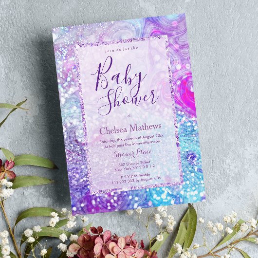 ラベンダーティール(緑がかった色)パープル大理石グリッターベビーシャワー 招待状