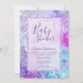ラベンダーティール(緑がかった色)パープル大理石グリッターベビーシャワー 招待状 (正面)