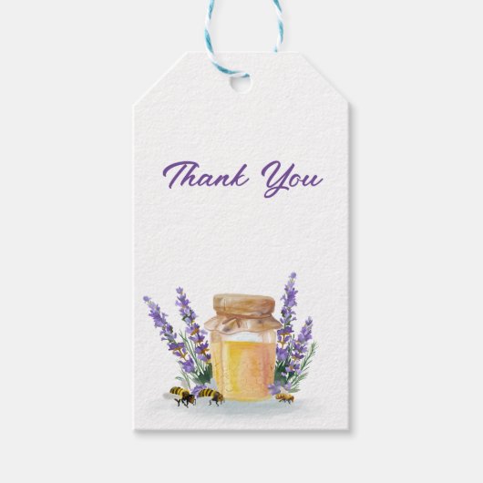 ラベンダーナプキンの小枝を持つゴールデンハニー ギフトタグ (正面)