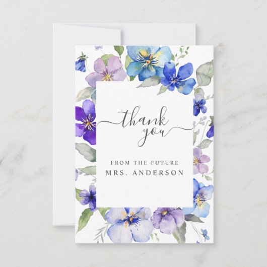 ラベンダーネイビーフローラバイオレットパープルブライダルシャワー サンキューカード (正面)