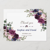 ラベンダーネイビーブルーフローラ開花結婚ズサンキュー サンキューカード (正面/裏面)