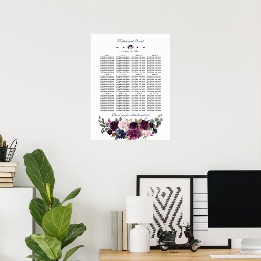 ラベンダーネイビー結婚ブルーフローラの座席表 ポスター (ホームオフィス)