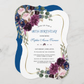 ラベンダーネイビー金ゴールドフローラ開花18誕生日 招待状 (正面/裏面)