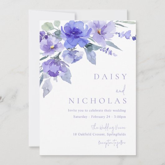 ラベンダーバイオレットとパープルフローラの水の結婚色 招待状 (正面)