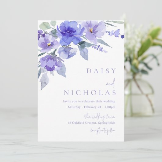 ラベンダーバイオレットとパープルフローラの水の結婚色 招待状 (スタンド正面)