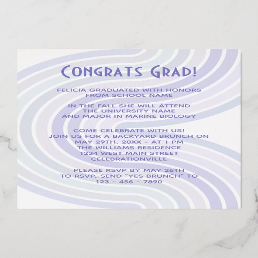 ラベンダーバイオレットゴールドフォイル卒業発表 箔招待状 (裏面)