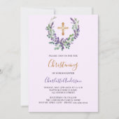 ラベンダーバイオレットフローラガール金ゴールドクロス《キリスト教》洗礼式や命名式 招待状 (正面)