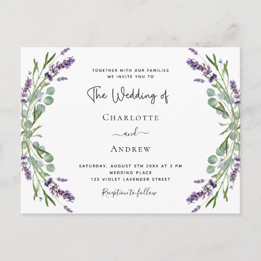 ラベンダーバイオレット花模様グリーンラグジュアリー結婚ズ インビテーションポストカード (正面)