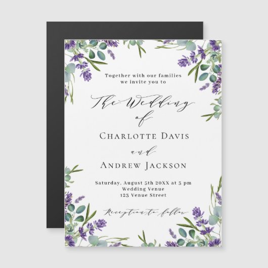 ラベンダーバイオレット花模様グリーンラグジュアリー結婚ズ マグネット招待状 (正面/裏面)
