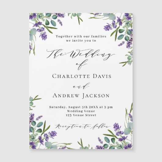 ラベンダーバイオレット花模様グリーンラグジュアリー結婚ズ マグネット招待状 (正面)