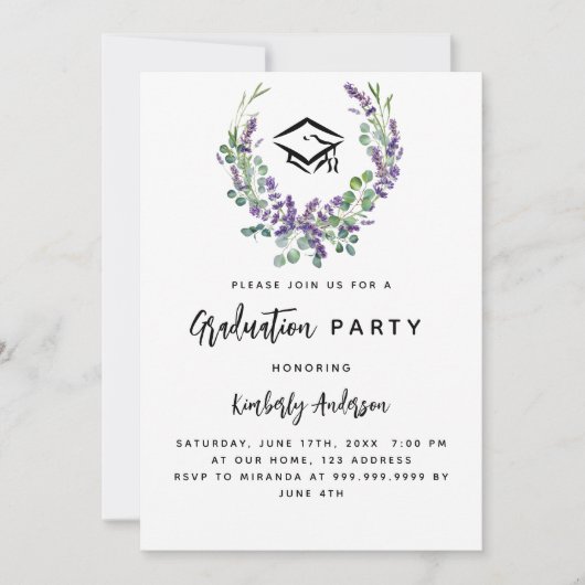 ラベンダーバイオレット花模様グリーンリー卒業パーティー 招待状 (正面)