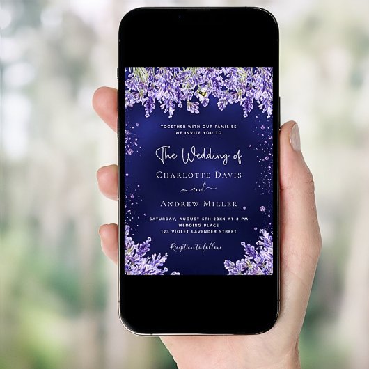 ラベンダーバイオレット花模様ネイビー結婚ブルー 招待状