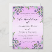 ラベンダーバイオレット花模様ピンク結婚の緑 招待状 (正面)