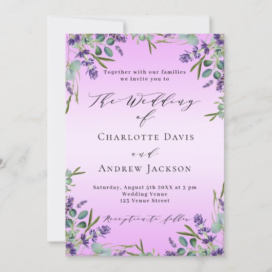 ラベンダーバイオレット花模様ピンク結婚の緑 招待状 (正面)