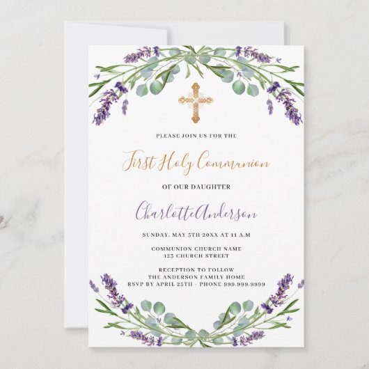 ラベンダーバイオレット花模様ファーストコミューン 招待状 (正面)