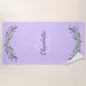 ラベンダーバイオレット花模様モノグラムエレガント名 ビーチタオル (正面)