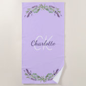 ラベンダーバイオレット花模様モノグラムエレガント名 ビーチタオル (正面)