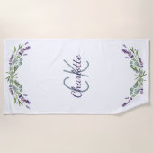 ラベンダーバイオレット花模様モノグラムエレガント名 ビーチタオル (正面)